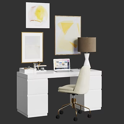 White Desk With Lamp Tablet Stationery And Chair Near Framed Art On Wall 3d model