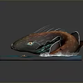 Orange Spotted Fish Shaped Creature With Blue Eyes Curved Body Blue Platform And Small Boat