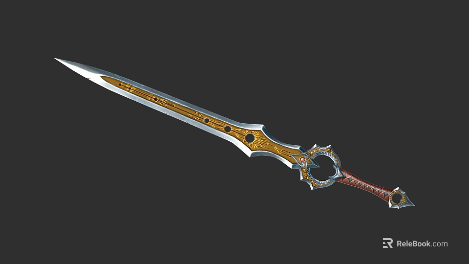Ornate Fantasy Sword With Golden Blade Silver Accents And Red Grip Design 3d model 