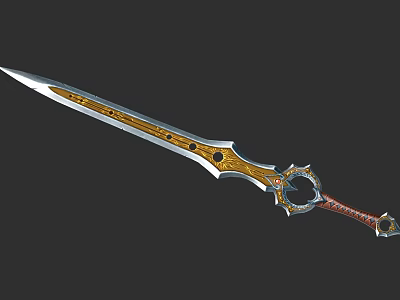 Ornate Fantasy Sword With Golden Blade Silver Accents And Red Grip Design 3d model