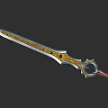 Ornate Fantasy Sword With Golden Blade Silver Accents And Red Grip Design