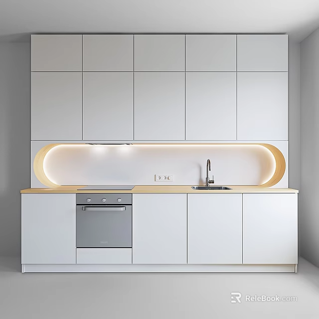 Modern White Kitchen Cabinets With Countertop Sink Oven And Ambient Lighting 3d model 
