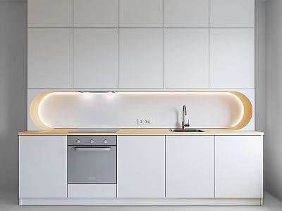 Modern White Kitchen Cabinets With Countertop Sink Oven And Ambient Lighting 3d model