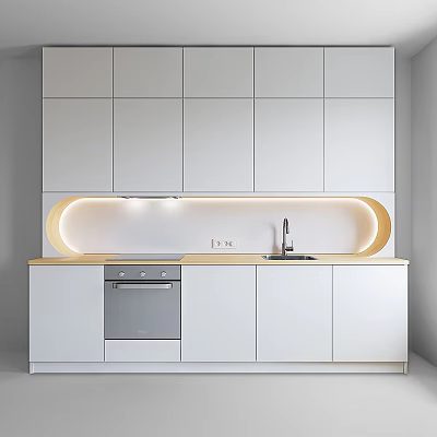 Modern White Kitchen Cabinets With Countertop Sink Oven And Ambient Lighting 3d model