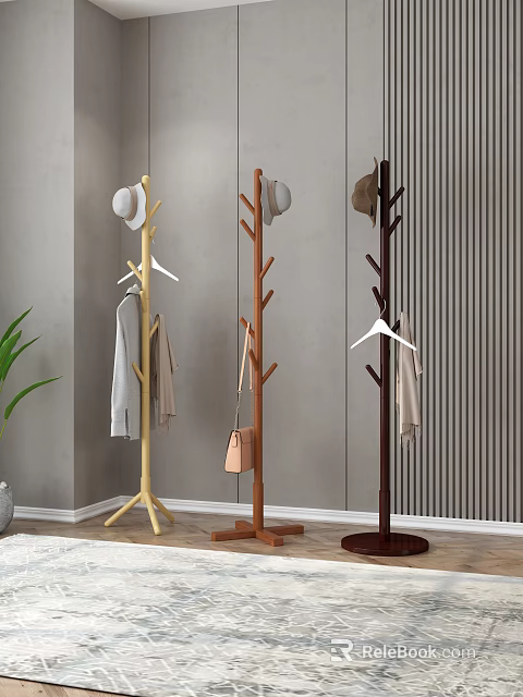 Three Wooden Coat Racks With Hats Coats And Bag In Modern Gray Wall Interior 3d model 