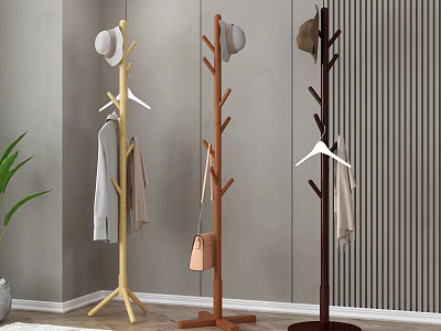 Three Wooden Coat Racks With Hats Coats And Bag In Modern Gray Wall Interior 3d model