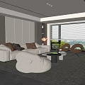 Modern Living Room Interior With White Sofa Beige Armchairs Coffee Table And Area Rug