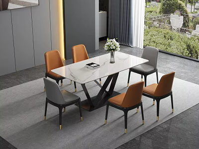 Modern Dining Table Set With White Marble Top And Orange Gray Chairs And Flower Vase 3d model