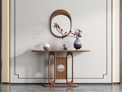Stylish Console Table with Hanging Round Mirror Decorative Vases on Marble Floor Wall Line Details 3d model