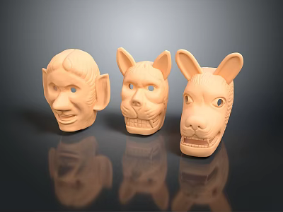 Three Detailed Animal Head Sculptures With Cat And Rabbit Ears Design 3d model