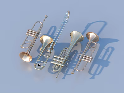 Shiny Brass Musical Instruments Including Trumpet And Trombone On Blue Background 3d model