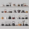 Assorted Tea Sets Displayed On Multiple Shelves With Various Styles And Colors