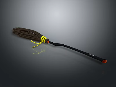 Handmade Broom With Brown Bristles Yellow Rope Binding Black Handle And Red Tip 3d model