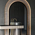 Modern Bathroom Washbasin with Arched LED Lit Mirror Black Countertop and Concrete Wall
