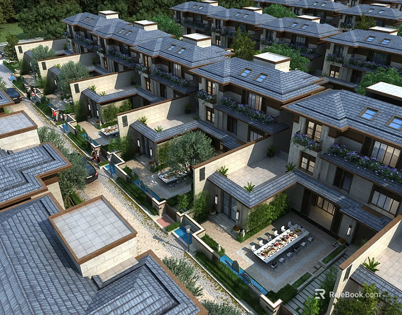 Modern Townhouses Featuring Uniform Roofs Private Courtyards Lush Greenery and Outdoor Spaces 3d model 