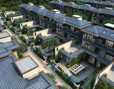 Modern Townhouses Featuring Uniform Roofs Private Courtyards Lush Greenery and Outdoor Spaces 3d model