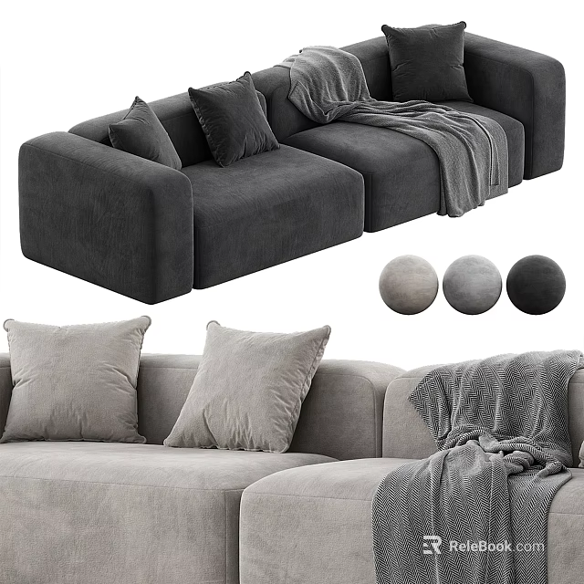 Gray Light Gray Velvet Sectional Sofa With Decorative Pillows And Throw Blanket 3d model 
