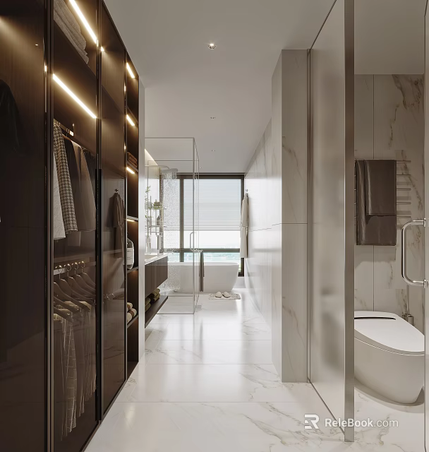 Modern Luxury Bathroom Interior With Marble Walls Glass Shower Partition And Smart Toilet 3d model 