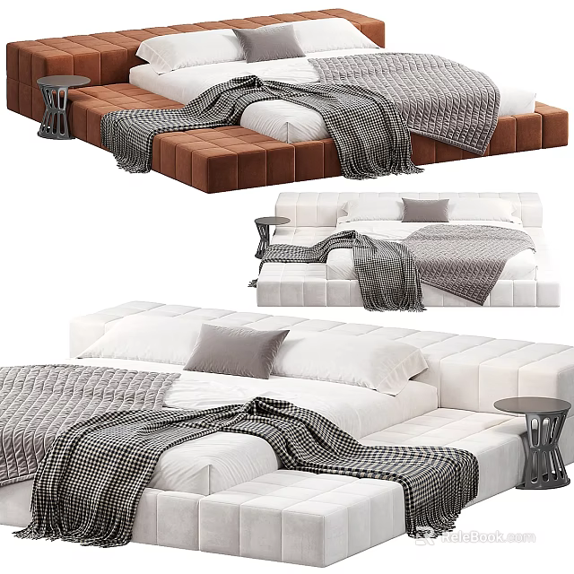 Modern Bedroom Interior Brown And White Double Bed With Blanket Pillow And Side Table 3d model 