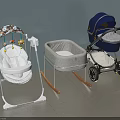 Modern Baby Essentials With Bouncer Rocker And Blue Stroller In Neutral Indoor Setting