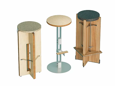 Three Different Design Bar Stools With Wooden And Metal Frames And Colored Seats 3d model