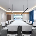 Modern Conference Room Interior With Long Table Chairs Blue Curtains And Lighting