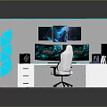 Modern Office Desk With Dual Monitors Ergonomic Chair Drawers Decorative Art And Blue Lighting