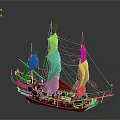 Vintage Model Sailing Ship With Pink Sails And Intricate Decorative Details
