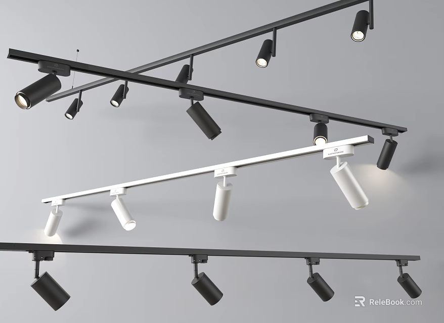 Track Mounted Black and White Downlights and Spotlights for Modern Indoor Home Office Lighting 3d model 