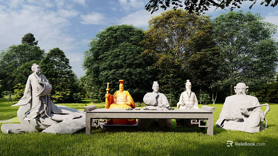 Ancient Figure Sculptures In Outdoor Grassland With Green Trees And Stone Table 3d model 