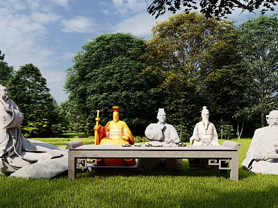 Ancient Figure Sculptures In Outdoor Grassland With Green Trees And Stone Table 3d model