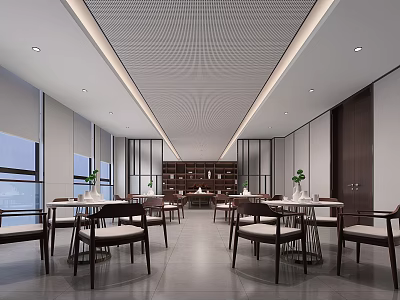 Spacious Modern Interior With Tables Chairs Large Windows And Bookshelf 3d model