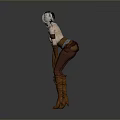 Woman with White Hair Wearing Strappy Outfit Brown Boots and Hands Crossed Against Gray Background