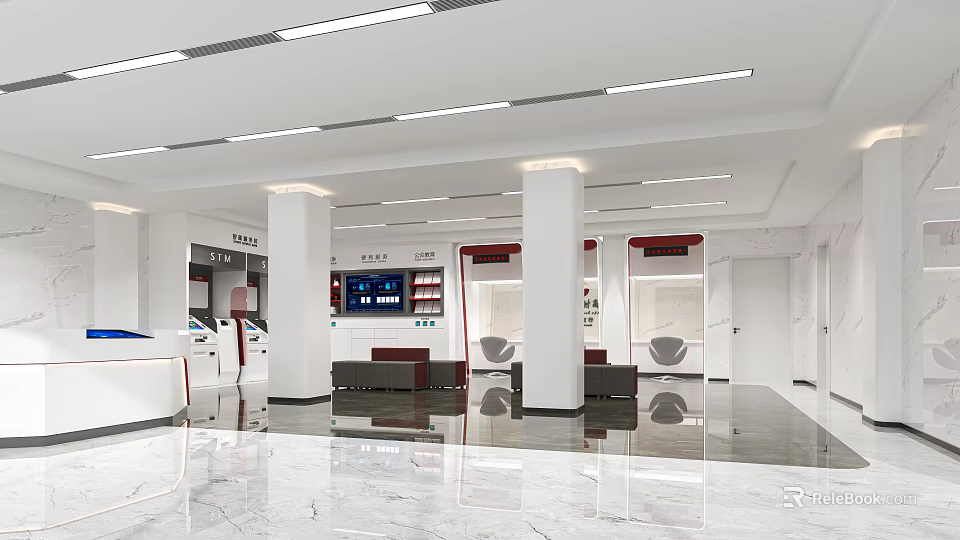 Modern Hotel Lobby Interior Design With Marble Floor Reception Desk And Sofas 3d model 