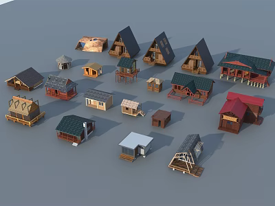 Various Styles of Wooden Houses with Different Roof Shapes and Structures 3d model