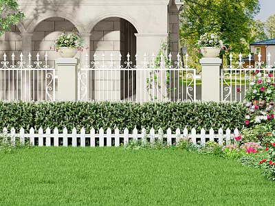 Beautiful Garden Yard With White Iron Fence Trimmed Hedge Green Lawn And Flower Pots 3d model