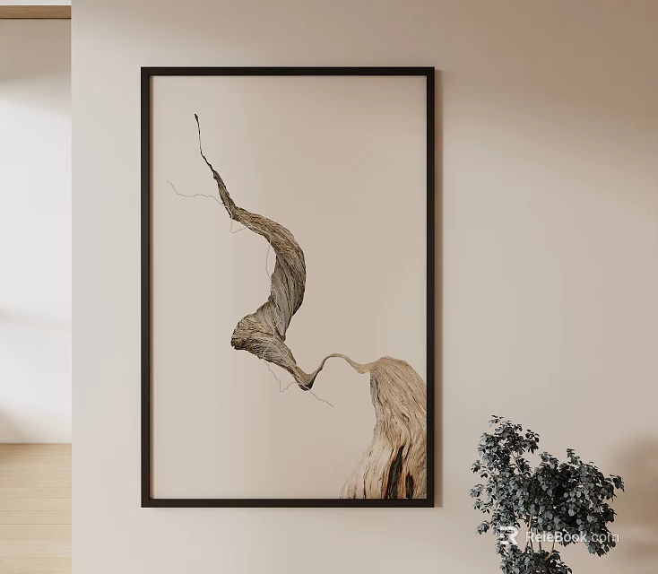 Framed Abstract Branch Artwork On Light Wall With Dark Frame And Green Plant 3d model
