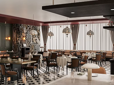 Modern Restaurant Interior With Hanging Lamps Round Tables Brown Chairs And Patterned Floor 3d model