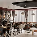 Modern Restaurant Interior With Hanging Lamps Round Tables Brown Chairs And Patterned Floor