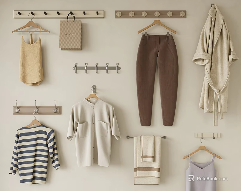 Assorted Wall Hooks Holding Clothes Bags And Towels 3d model