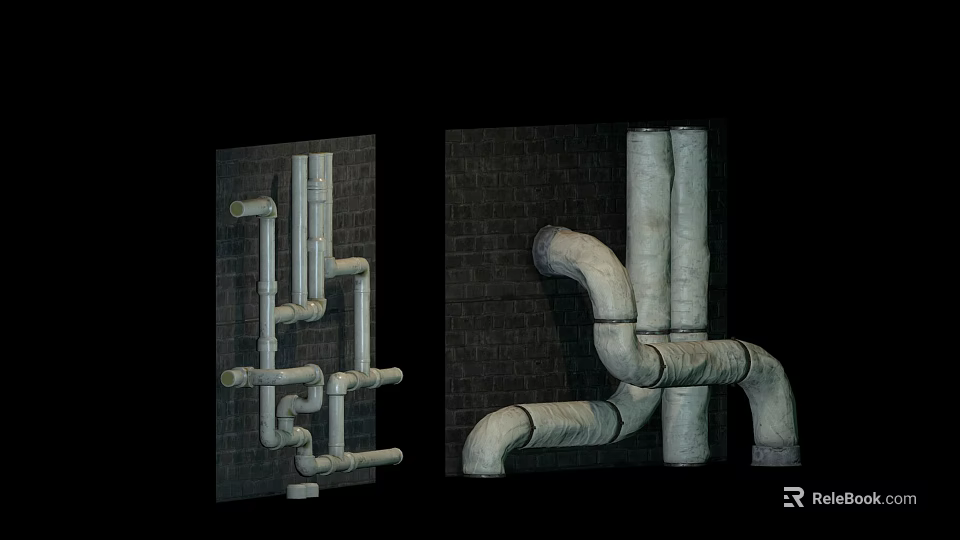 Industrial Metal Pipes Installation On Brick Wall With Curved And Vertical Structures 3d model 