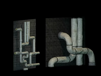 Industrial Metal Pipes Installation On Brick Wall With Curved And Vertical Structures 3d model
