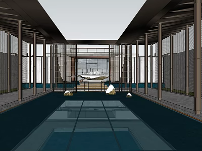 Modern Sales Office Building Interior with Glass Walls Reflective Pool and Columns 3d model