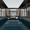 Modern Sales Office Building Interior with Glass Walls Reflective Pool and Columns