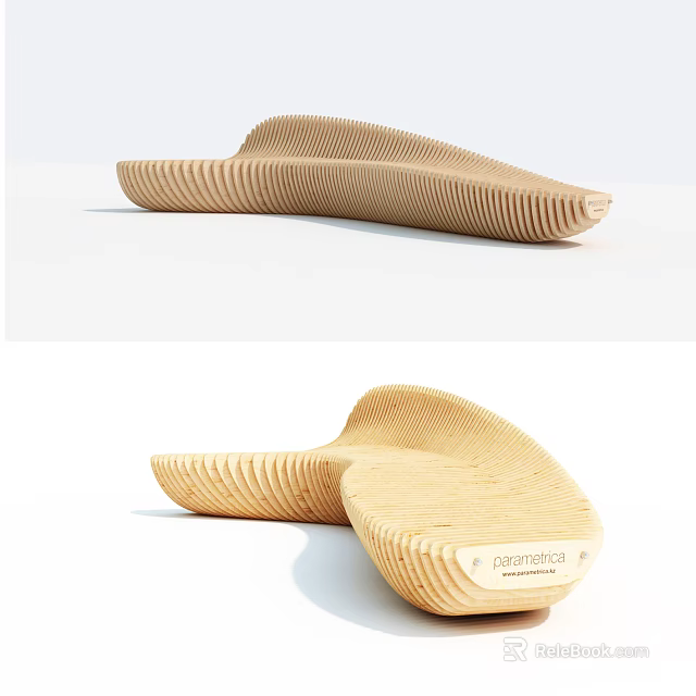 Natural Wooden Outdoor Chair With Curved Wave Design And RESTWOOD Label 3d model 