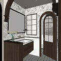 Elegant Bathroom Interior With Arched Door Decorative Mirror Wooden Vanity Gridded Windows And Patterned Wallpaper