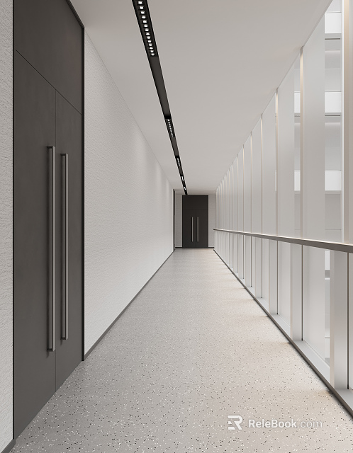Modern Office Corridor With White Walls Gray Flooring And Glass Railings 3d model 