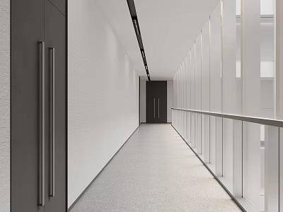 Modern Office Corridor With White Walls Gray Flooring And Glass Railings 3d model