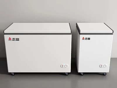 Two White Chigo Freezers With Black Trim And Wheels On Gray Floor 3d model