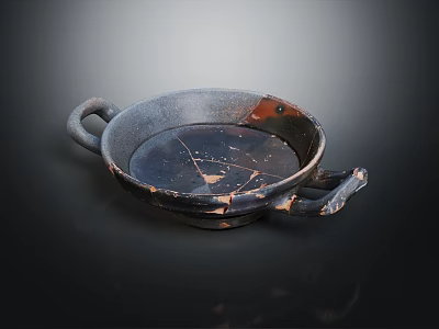 Vintage Dark Ceramic Plate With Two Handles Worn Texture And Cracked Details For Household Use 3d model